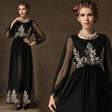 Long Sleeve Muslim Evening Dress Chiffon Turkish Mesh Embroidery