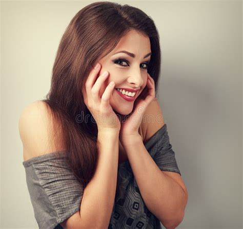 Happy Laughing Brunette Young Woman Holding The Hand At Face And Stock Image Image Of Cover