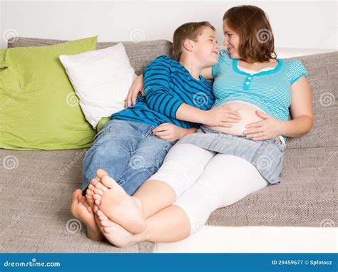 Pregnant Woman With Her Son Stock Image Image Of Expecting Happiness