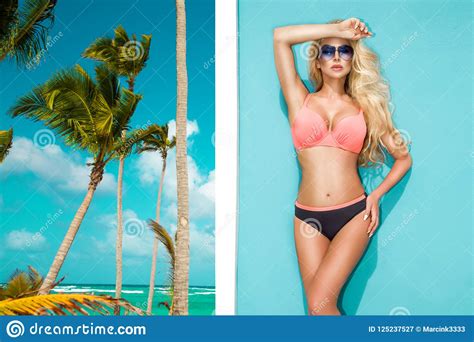 Beautiful Woman In Bikini Posing On The Caribbean Beach Stock Image Image Of Republic
