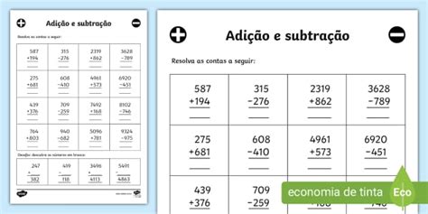 Atividade De Matemática Para O 4º Ano Com Adição E Subtração