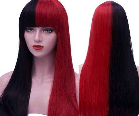Swiking Long Straight Half Red Half Black Wig Cosplay Bangs Hair