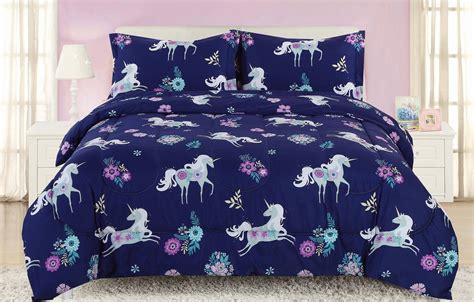 This set is made of 100% cotton. Full/Queen Girls Unicorn Comforter Bedding Set, Navy Blue ...