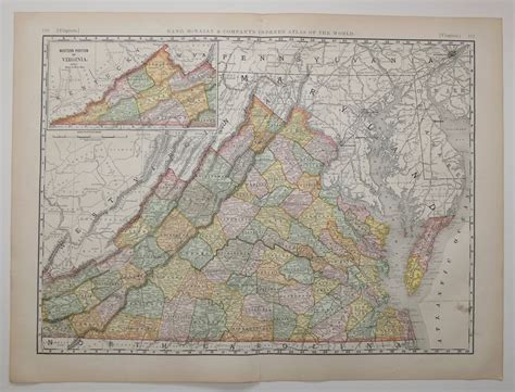 Large Antique 1892 Virginia State Map Rand Mcnally Atlas Map Etsy In