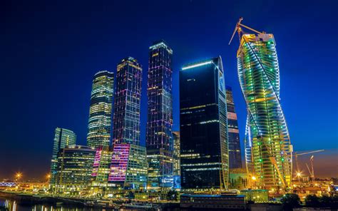Moscow Russia City Cityscape Skyscraper Building Night Wallpapers