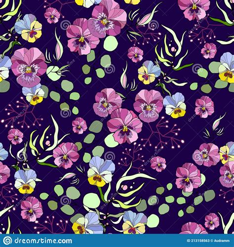 Seamless Pattern With Watercolor Pansy On Dark Blue Background