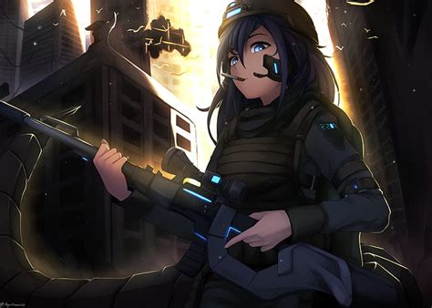 1366x768px Free Download Hd Wallpaper Anime Original Black Hair Blue Eyes Girl Rifle