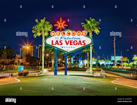 Famous Las Vegas Sign At City Entrance Detail By Night Stock Photo Alamy