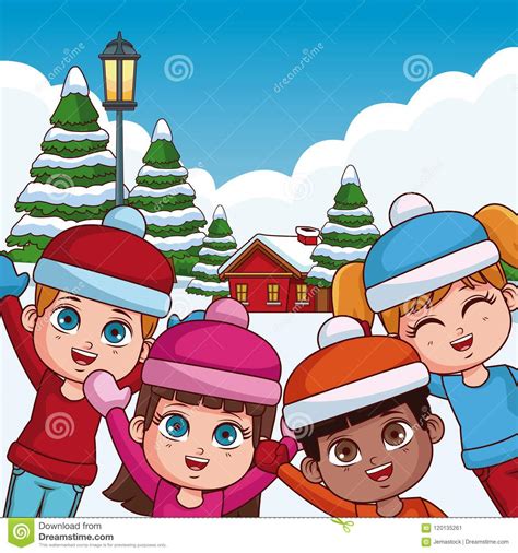 Cute Kids In Winter Cartoons Stock Vector Illustration Of Play