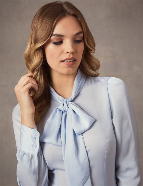women s light blue fitted lightweight satin blouse pussy bow hawes and curtis