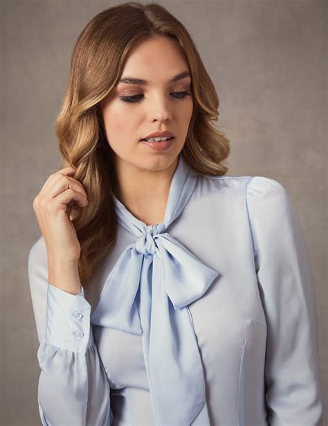 Womens Light Blue Fitted Lightweight Satin Blouse Pussy Bow Hawes And Curtis