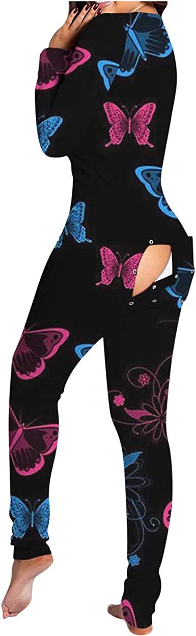 Thenxin Womens Butterfly Print Onesie V Neck Buttoned Flap One Piece Pajamas Long Sleeve