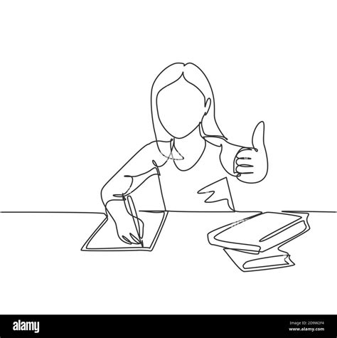 One Line Drawing Of Young Happy Elementary School Girl Student Studying