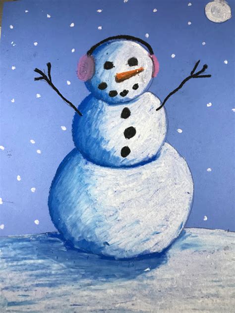 3rd Grade Oil Pastel Snowmen At Night Winter Art Lesson Winter Art