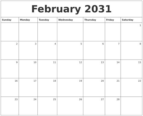 February 2031 Monthly Calendar