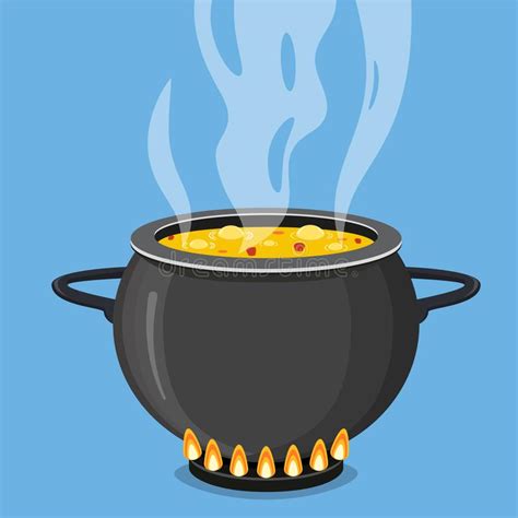 Cooking Soup In Pan Pot On Stove With Steam Stock Vector