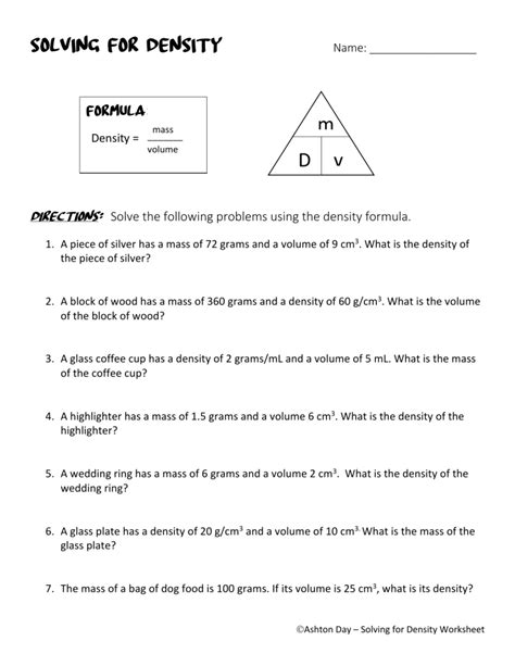Mass Volume And Density Practice Problems And Review Worksheet