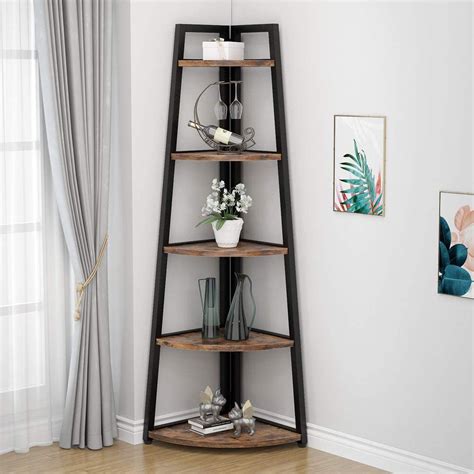 70 Inch Tall Corner Shelf 5 Tier Rustic Corner Bookshelf