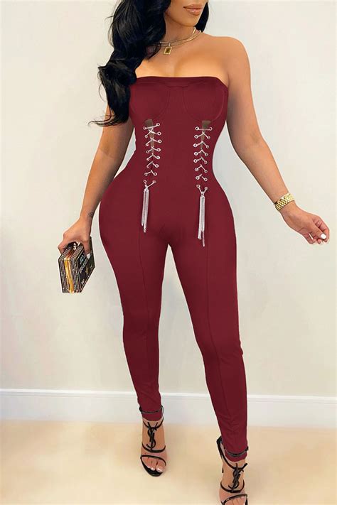 Wholesale Red Sexy Solid Split Joint Chains Strapless Regular Jumpsuits