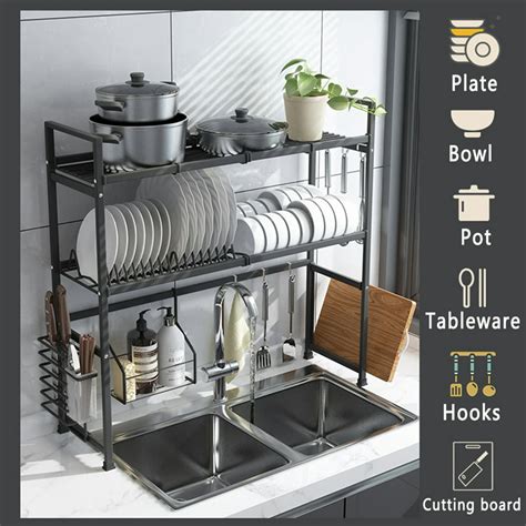 Black Over Sink Dish Drying Rack Large Capacity 2 Tier Adjustable