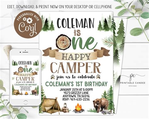 Camping Birthday Invitation One Happy Camper Smores Woodland Etsy