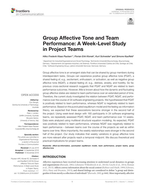 Pdf Group Affective Tone And Team Performance A Week Level Study In