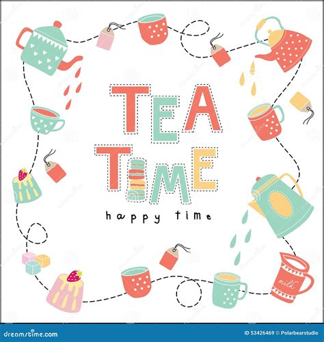 Tea Time Happy Time Doodle Illustration Pastel Color Vector