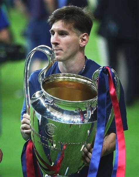 Berlin Germany June 06 Lionel Messi Of Barcelona Holds The Trophy