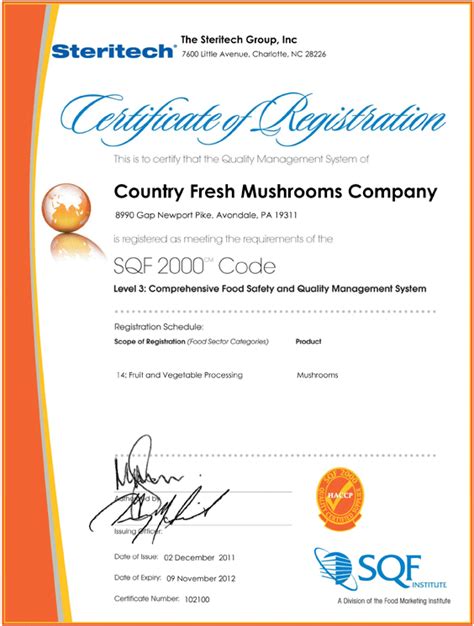 Sqf Certification Cf Fresh Llc Dba Country Fresh Mushrooms