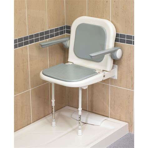 Wall Mounted Fold Up Grey Padded Shower Seat Back And Arms 04230p