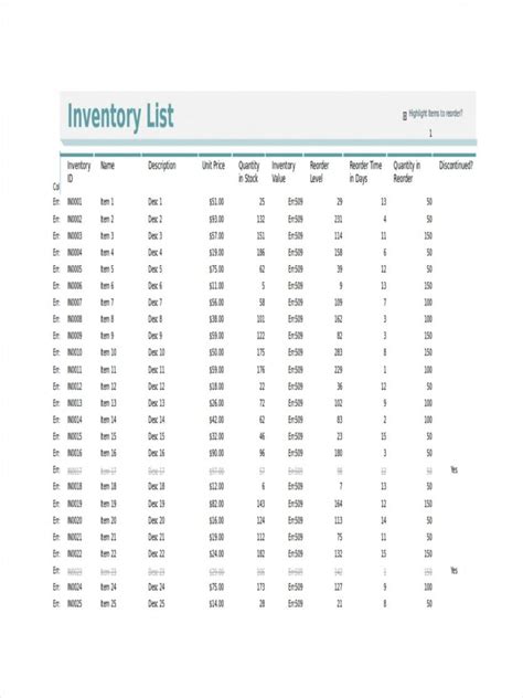 Warehouse Inventory List Template