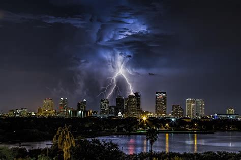 Tampa Florida Usa City Cityscape Lightning Clouds Night Storm