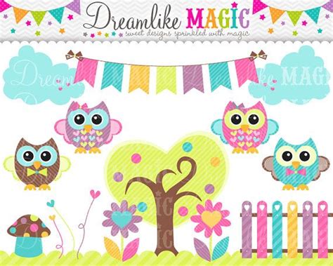 Owl Clipart Set Cute Little Owls Colorful Woodland Owls And Flowers