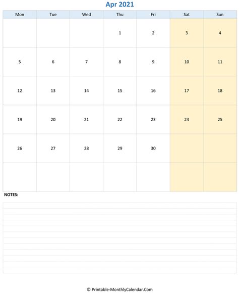 April 2021 Calendar Editable 2021 Calendar With Holidays Notes Space