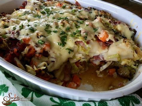 This casserole is just bursting with flavor and took less than thirty minutes to prepare. Corned Beef & Cabbage Casserole - Swirls of Flavor