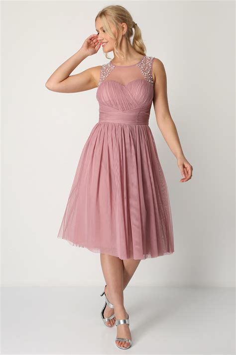 bead embellished knee length dress in rose roman originals uk