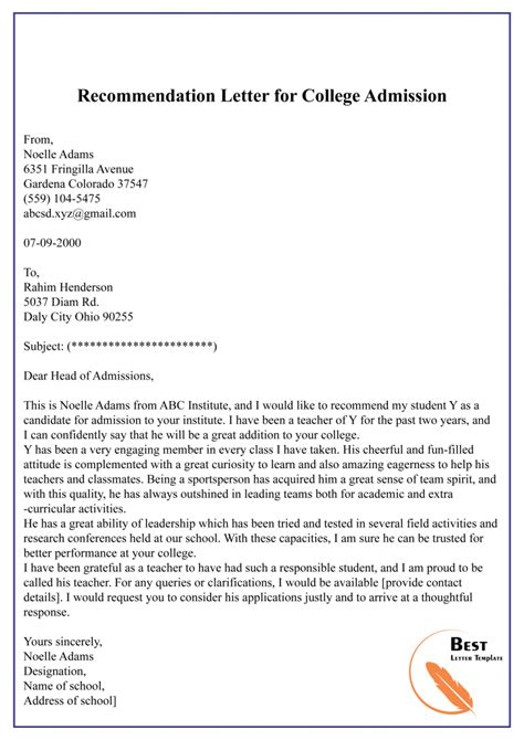 Recommendation Letter For University Format Sample And Example