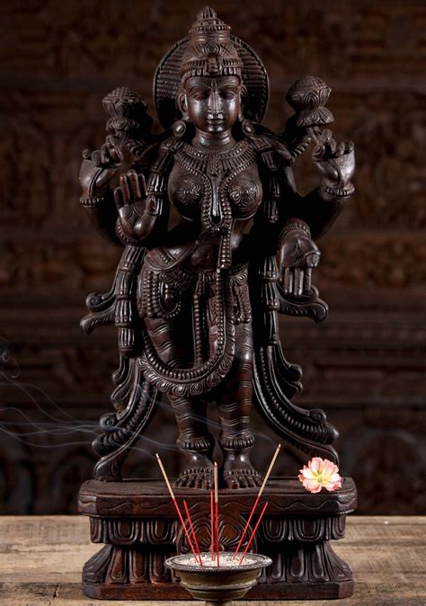 Wooded Standing Abhaya Mudra Lakshmi Statue Holding Lotus Flowers On A