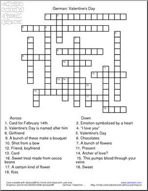 Not only c/crossword puzzle printable valentines day, you could also find another pics such as valentine's day word puzzles, valentine's day puzzles for kids, valentine's day sudoku, and valentine's day math games. German: Crossword - Valentine's Day | abcteach