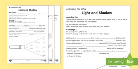 ks light  shadows worksheet teacher