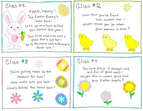 Print out the clues below for the children so they can find the eggs. Easter Morning Scavenger Hunt - FREE Printable! - Happy Home Fairy