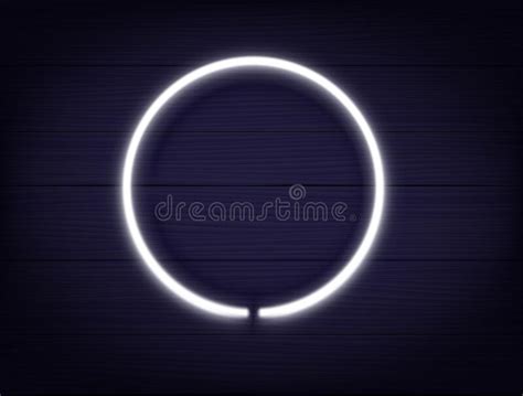 White Neon Glowing Circle Frame On A Dark Wood Wall Stock Vector