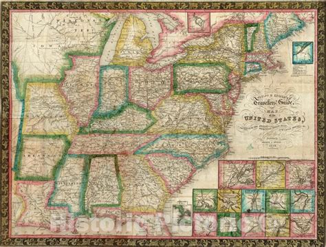 Historic Wall Map Guide Book United State 1838 Vintage Wall Art