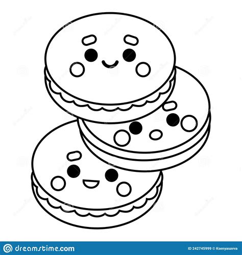 Coloring Book For Kids Three Macaroons Biscuit With A Cute Face Stock