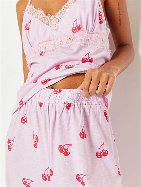 Pink Cherry Vest And Trouser Pyjama Set Lingerie And Nightwear Skinnydip