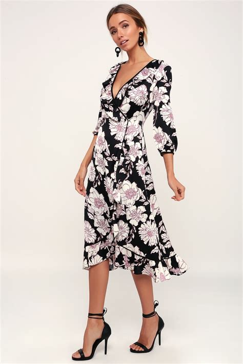 Cute Black Floral Print Dress Wrap Dress Floral Midi Dress Lulus