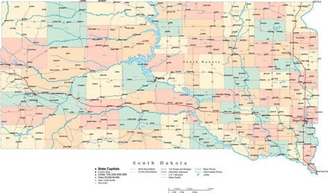 South Dakota Digital Vector Map With Counties Major Cities Roads