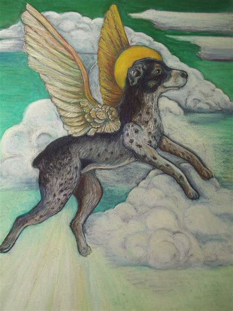 A Drawing Of A Dog With Angel Wings On Its Back In The Clouds
