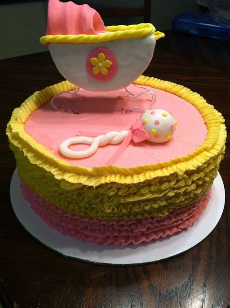 Baby Girl Baby Shower Cake With Pink And Yellow Buttercream Ruffles