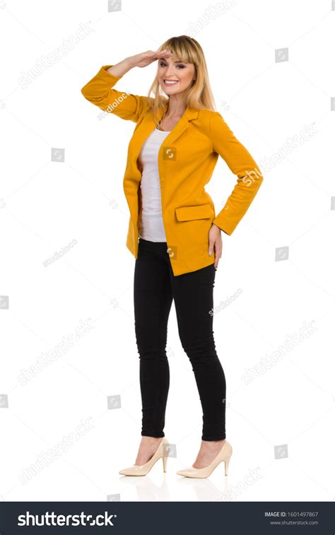 Beautiful Confident Young Woman Yellow Unbuttoned Stock Photo